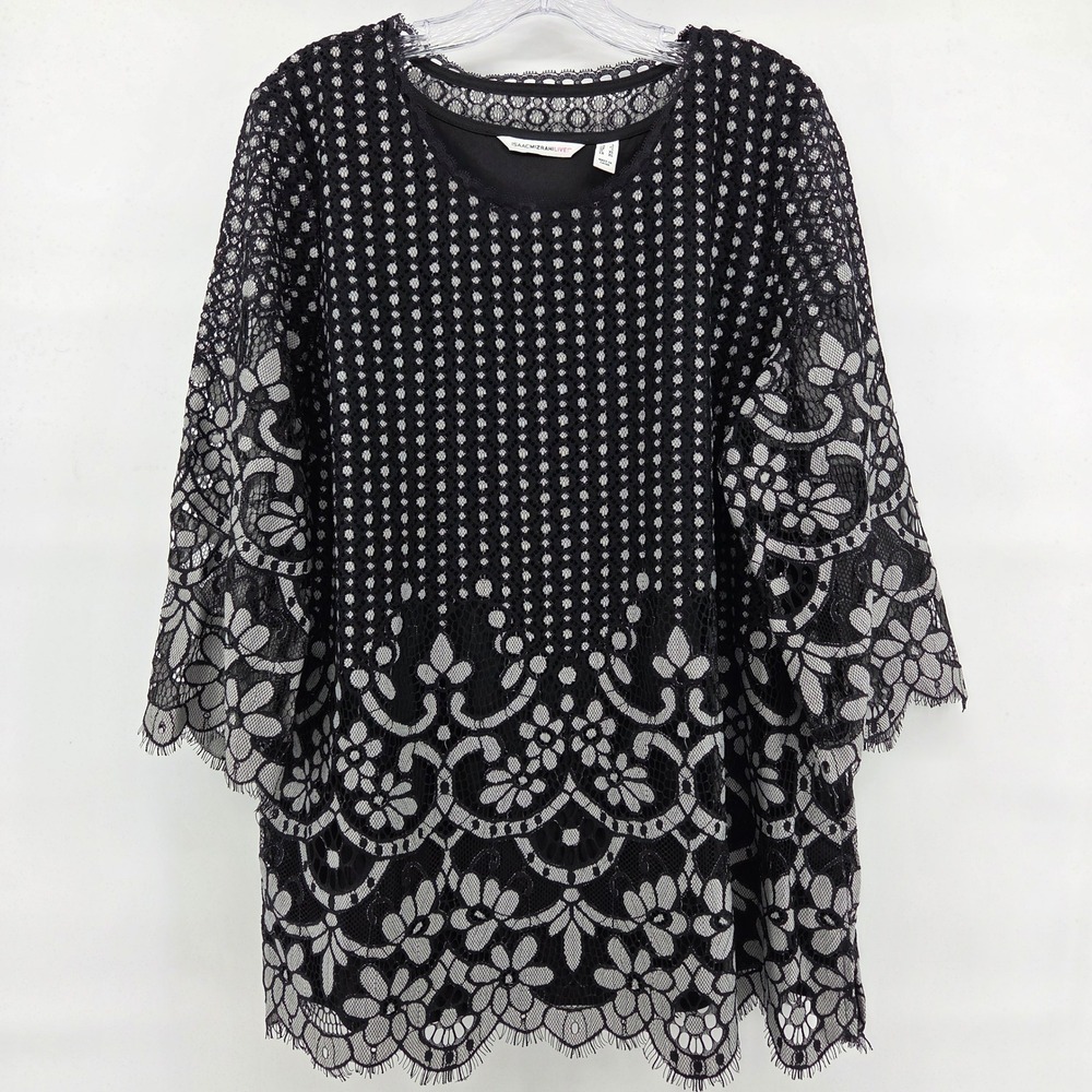 Isaac Mizrahi Tunic Top Large Black Lace Overlay‎ Elegant Chic Evening
